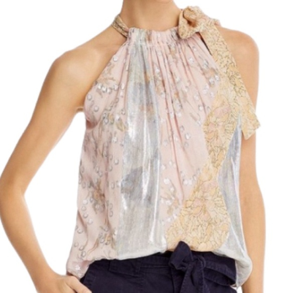 NWT Rebecca Taylor Daffodil Mixed Print Metallic Tank - Sz M